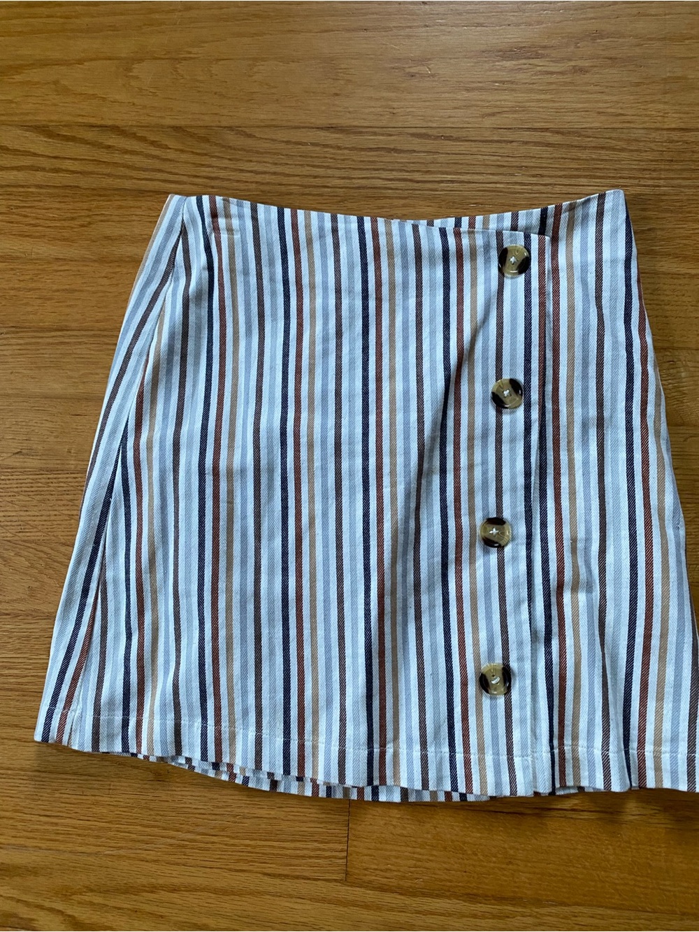 Altar'd State White, Brown & Blue Striped Button-Front Mini Skirt
